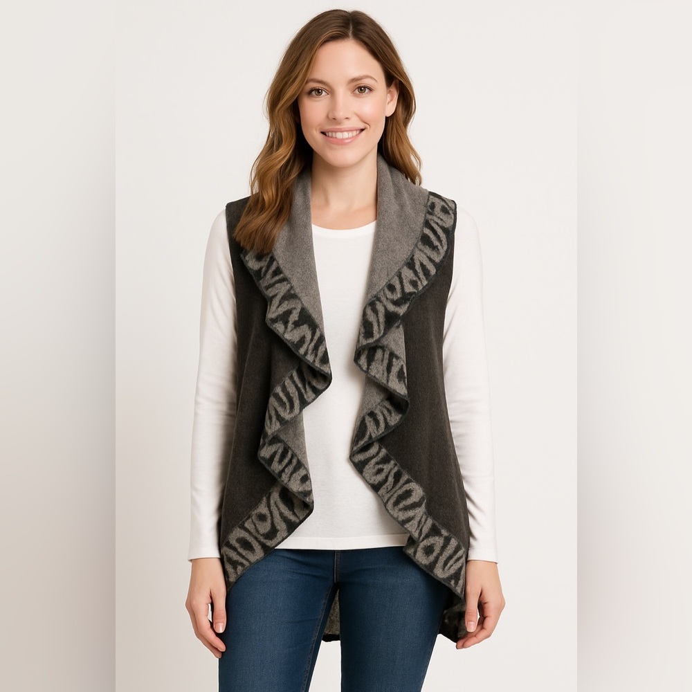 Emanuel Ungaro Black and Gray Patterned Drape Open Front Sweater Vest M EUC